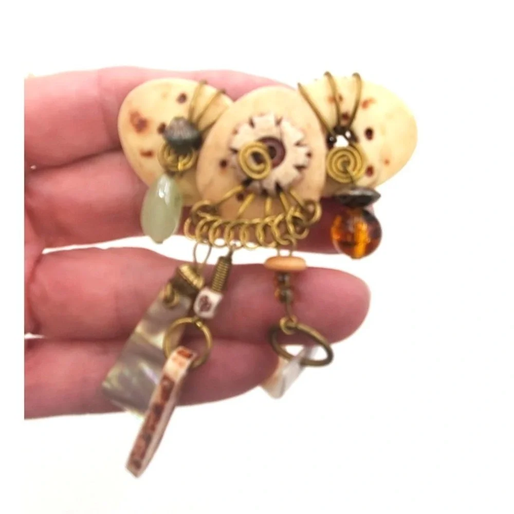 Vintage Artisan Mixed Media Brooch OOAK Organic Shell Seed Pod Pin